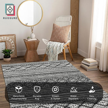 RUGSURE Washable Area Rugs 5' x 7' - 1/6 Thick - Moroccan-Inspired -Stain & Water Resistant Non-Slip - Resistant Rug for Living Room, Bedroom, Nursery, Pet & Child Friendly (Black)