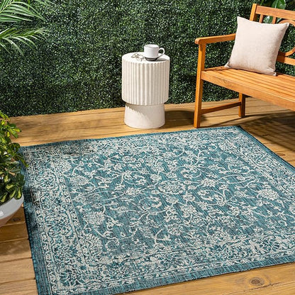 JONATHAN Y Weave Floral Indoor Outdoor Square Area Rug 3X3 Teal/Gray, Tela Bohemian Textured for Backyard, Patio, Porch, Easy-Cleaning, High Traffic, Pet-Friendly, Non-Shedding (SMB100C-3SQ)
