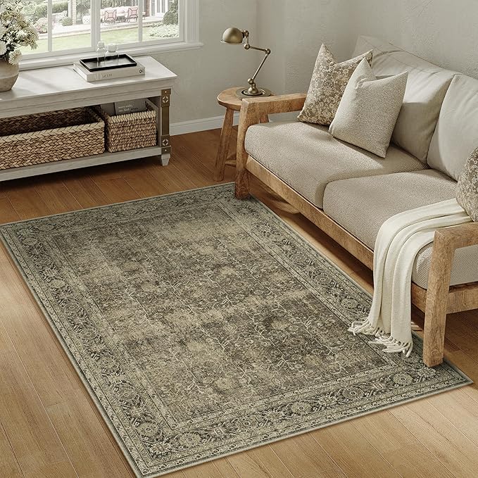 Vintage Area Rug 5x7 Light Brown Bedroom Indoor Kitchen Washable Living Room Carpet Tribal Distressed Retro Accent Throw Rug for Office Dining Room Bathroom Faux Wool