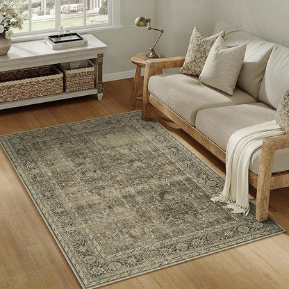 Vintage Area Rug 5x7 Light Brown Bedroom Indoor Kitchen Washable Living Room Carpet Tribal Distressed Retro Accent Throw Rug for Office Dining Room Bathroom Faux Wool