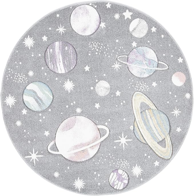 SAFAVIEH Carousel Kids Collection 6'7" Round Grey/Lavender CRK103F Outer Space Non-Shedding Playroom Nursery Bedroom Area Rug