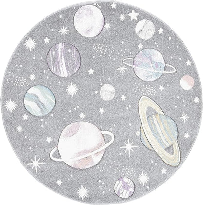 SAFAVIEH Carousel Kids Collection 6'7" Round Grey/Lavender CRK103F Outer Space Non-Shedding Playroom Nursery Bedroom Area Rug