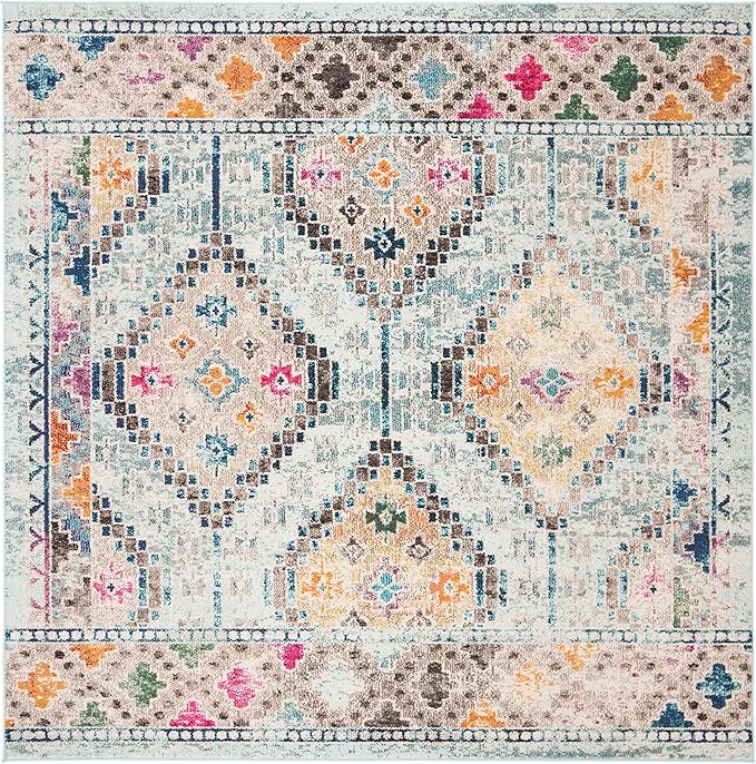 SAFAVIEH Madison Collection Area Rug - 6'7" Square, Blue & Yellow, Boho Diamond Distressed Design, Non-Shedding & Easy Care, Ideal for High Traffic Areas in Living Room, Bedroom (MAD418K)