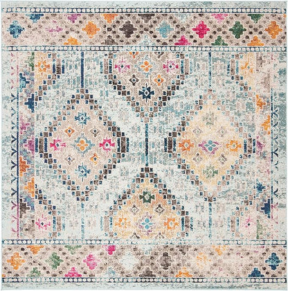 SAFAVIEH Madison Collection Area Rug - 6'7" Square, Blue & Yellow, Boho Diamond Distressed Design, Non-Shedding & Easy Care, Ideal for High Traffic Areas in Living Room, Bedroom (MAD418K)