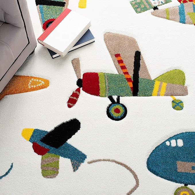 SAFAVIEH Carousel Kids Collection Area Rug - 5'3" Square, Ivory & Blue, Non-Shedding & Easy Care, Ideal for High Traffic Areas for Boys & Girls in Playroom, Nursery, Bedroom (CRK167A)
