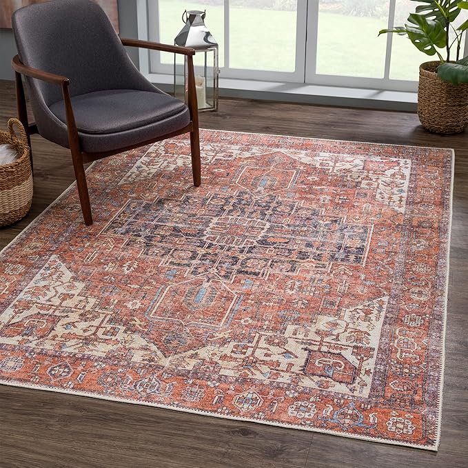 Bloom Rugs Washable Non-Slip 10x14 Rug - Red/Orange/Beige Traditional Oriental Area Rug for Living Room, Bedroom, Dining Room, and Kitchen - Exact Size: 10' x 14'