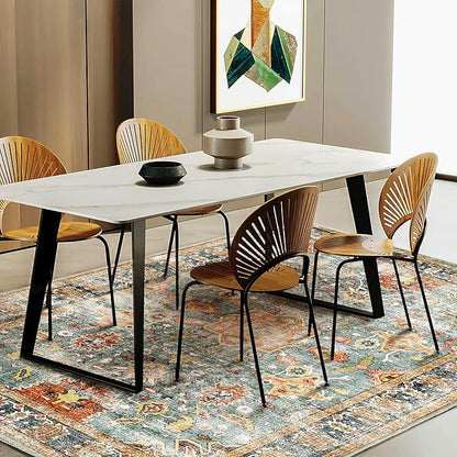 Area Rug 9'x12' Washable Vintage Traditional Mat Distressed Indoor Foldable Thin Retro Accent Floral Print Non Slip Carpet for Living Room Dining Room Office