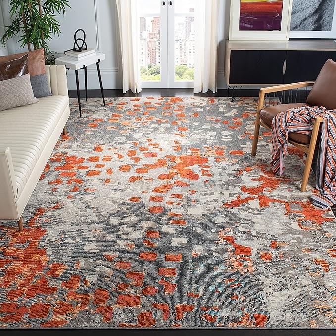 SAFAVIEH Monaco Collection X-Large Area Rug - 11' x 15', Grey & Orange, Boho Chic Abstract Watercolor Design, Non-Shedding & Easy Care, Ideal for High Traffic Areas in Living Room, Bedroom (MNC225H)