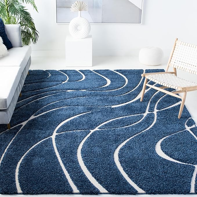 SAFAVIEH Florida Shag Collection Area Rug - 9'6" x 13', Navy & Ivory, Non-Shedding & Easy Cleaning, Plush Thick Pile, Ideal for Living Room, Bedroom, Dining Space (SG471-6512)