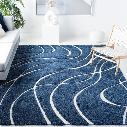 SAFAVIEH Florida Shag Collection Area Rug - 9'6" x 13', Navy & Ivory, Non-Shedding & Easy Cleaning, Plush Thick Pile, Ideal for Living Room, Bedroom, Dining Space (SG471-6512)
