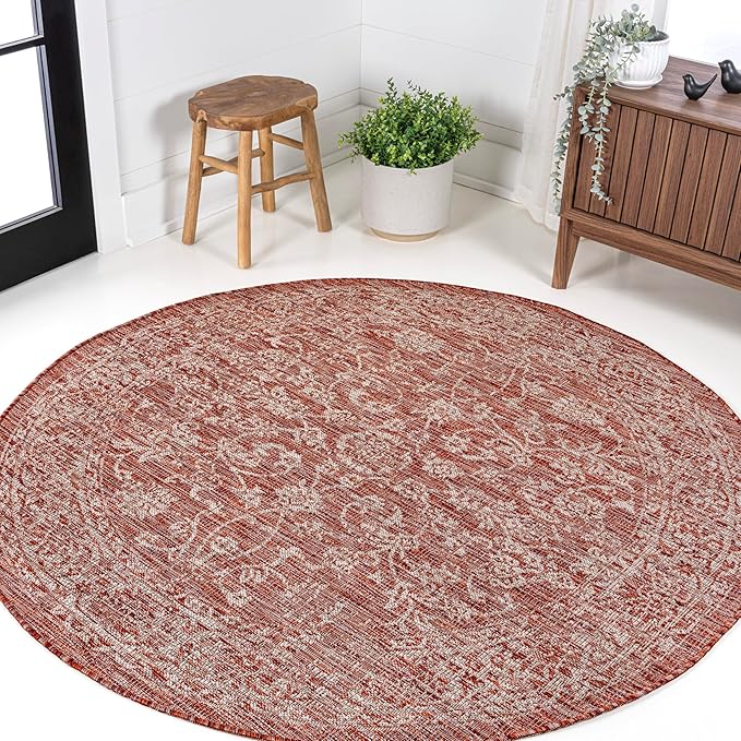 JONATHAN Y Weave Floral Indoor Outdoor Round Area Rug 8 Ft Red/Taupe, Tela Bohemian Textured for Backyard, Patio, Porch, Easy-Cleaning, High Traffic, Pet-Friendly, Non-Shedding (SMB100A-8R)
