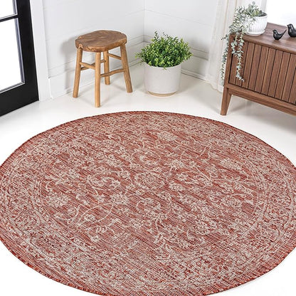 JONATHAN Y Weave Floral Indoor Outdoor Round Area Rug 8 Ft Red/Taupe, Tela Bohemian Textured for Backyard, Patio, Porch, Easy-Cleaning, High Traffic, Pet-Friendly, Non-Shedding (SMB100A-8R)