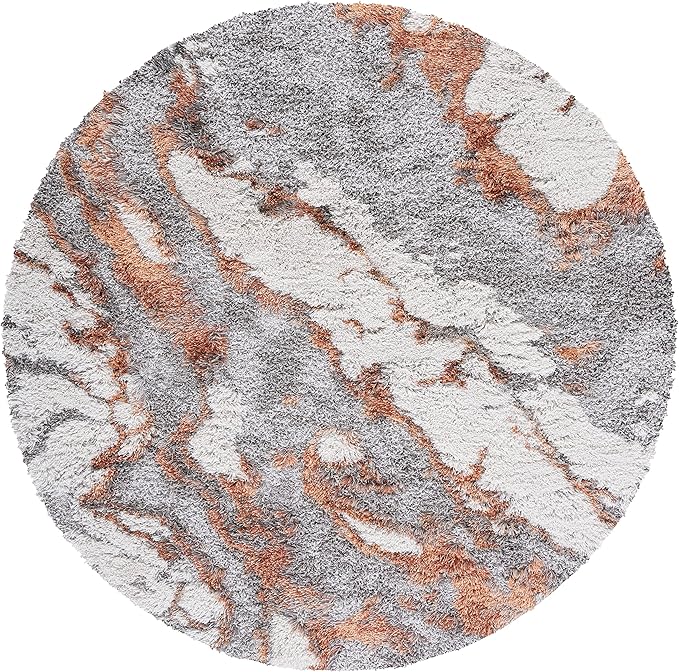 SAFAVIEH Horizon Shag Collection Area Rug - 9' Round, Grey/Rust, Geometric Design, Ideal for High Traffic Areas in Living Room, Bedroom, Dining (HZN890P)