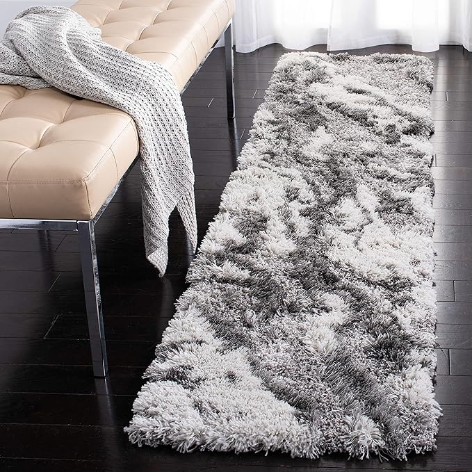 SAFAVIEH Horizon Shag Collection Area Rug - 2' x 17' Runner, Grey/Ivory, Geometric Design, Ideal for High Traffic Areas in Living Room, Bedroom, Dining (HZN890F)