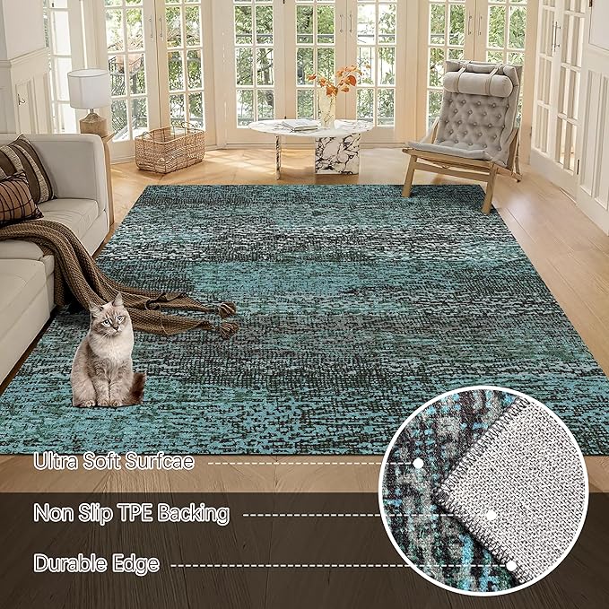 RUGSURE Washable Area Rug - 1/6 Thick - Stain & Water Resistant Non-Slip - Resistant Rug for Living Room, Bedroom, Nursery, Pet & Child Friendly, Vintage Charm Area Rugs (Green, 6' x 9')