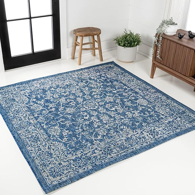 JONATHAN Y Weave Floral Indoor Outdoor Square Area Rug 3X3 Navy/Gray, Tela Bohemian Textured for Backyard, Patio, Porch, Easy-Cleaning, High Traffic, Pet-Friendly, Non-Shedding (SMB100B-3SQ)