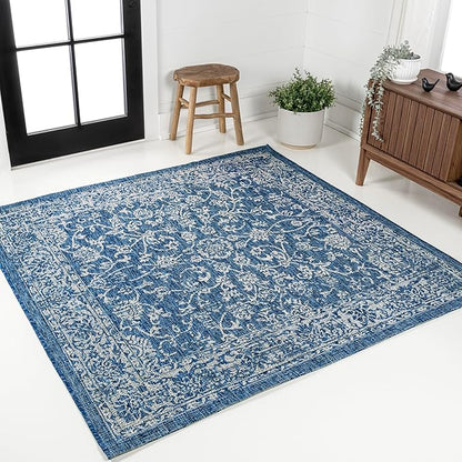 JONATHAN Y Weave Floral Indoor Outdoor Square Area Rug 3X3 Navy/Gray, Tela Bohemian Textured for Backyard, Patio, Porch, Easy-Cleaning, High Traffic, Pet-Friendly, Non-Shedding (SMB100B-3SQ)