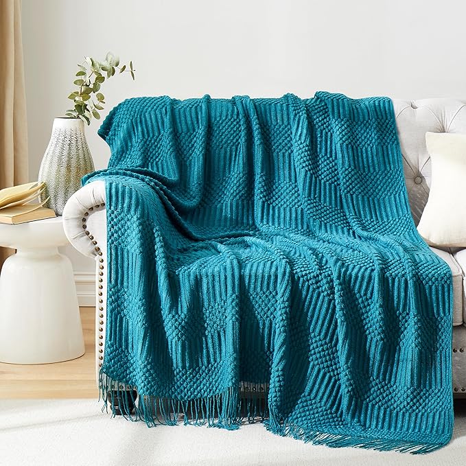 Teal Knitted Decorative Throw Blankets for Couch, Bedroom and Officeroom,Textured Fade Resistant Soft and Warm Knit Blanket with Tassel,50"x60"