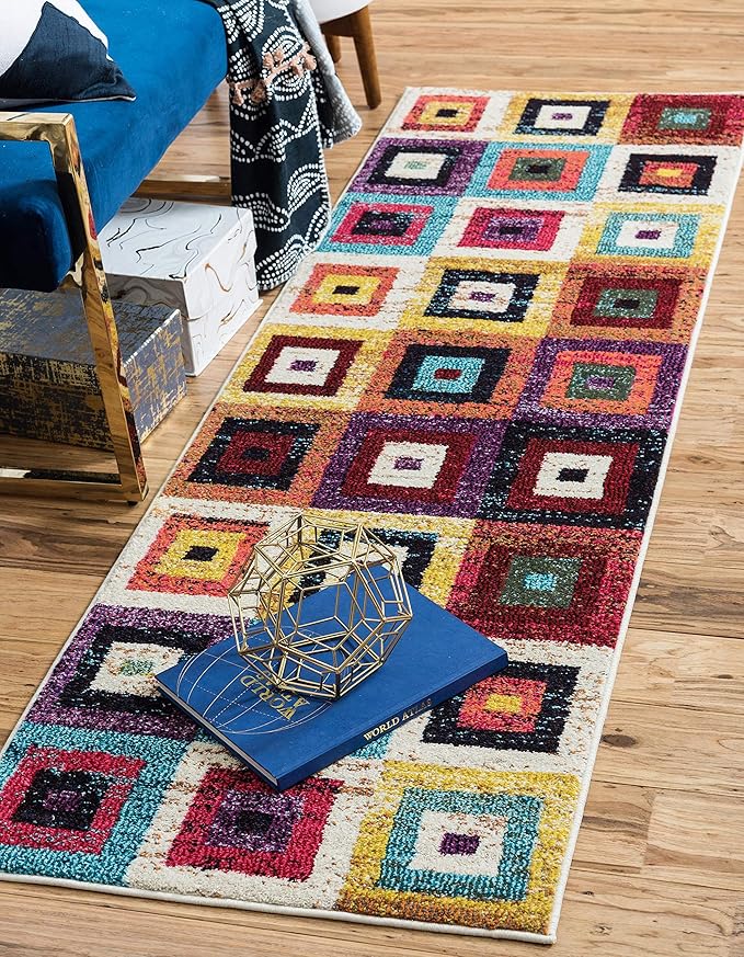 Unique Loom Estrella Collection Colorful, Geometric, Squares Modern, Abstract Area Rug (2' 2 x 6' 7 Runner, Multi/Beige)