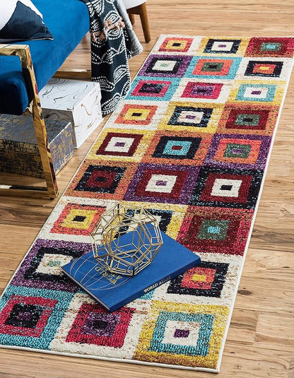 Unique Loom Estrella Collection Colorful, Geometric, Squares Modern, Abstract Area Rug (2' 2 x 6' 7 Runner, Multi/Beige)