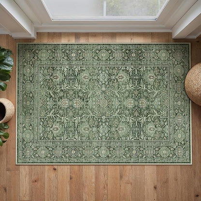 Green Area Rug 2x3 Entryway Washable Soft Carpet Vintage Non Slip Indoor Kitchen Entrance Door Mat Traditional Retro Distressed Small Thicker Throw Rug Bathroom Laundry Bedroom