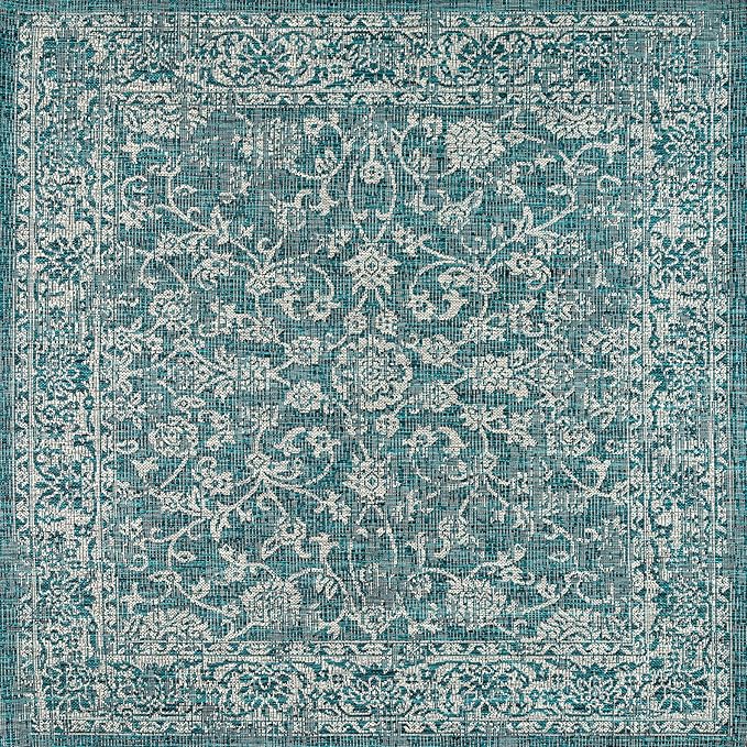 JONATHAN Y Weave Floral Indoor Outdoor Square Area Rug 8X8 Teal/Gray, Tela Bohemian Textured for Backyard, Patio, Porch, Easy-Cleaning, High Traffic, Pet-Friendly, Non-Shedding (SMB100C-8SQ)
