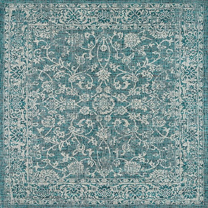 JONATHAN Y Weave Floral Indoor Outdoor Square Area Rug 8X8 Teal/Gray, Tela Bohemian Textured for Backyard, Patio, Porch, Easy-Cleaning, High Traffic, Pet-Friendly, Non-Shedding (SMB100C-8SQ)