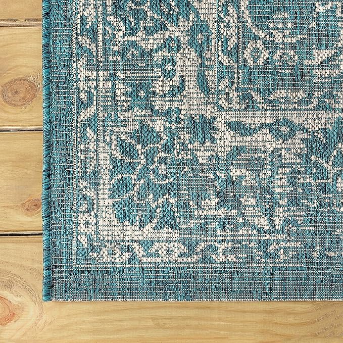 JONATHAN Y Weave Floral Indoor Outdoor Square Area Rug 8X8 Teal/Gray, Tela Bohemian Textured for Backyard, Patio, Porch, Easy-Cleaning, High Traffic, Pet-Friendly, Non-Shedding (SMB100C-8SQ)