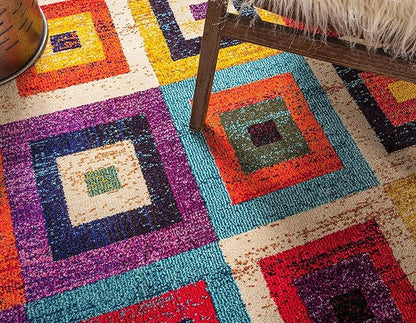 Unique Loom Estrella Collection Colorful, Geometric, Squares Modern, Abstract Area Rug (2' 2 x 6' 7 Runner, Multi/Beige)